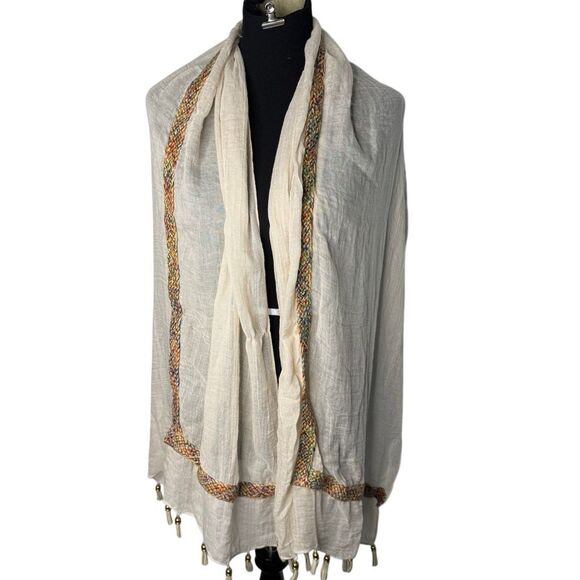 Boho Tops - Boho Oversized Ivory Scarf Wrap Multicolor Braided Trim Tassels